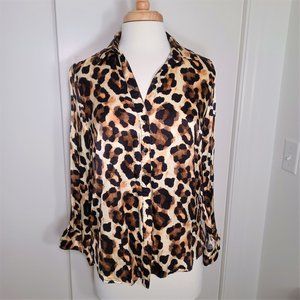 Top Shop leopard print long sleeve v-neck button down shirt size S